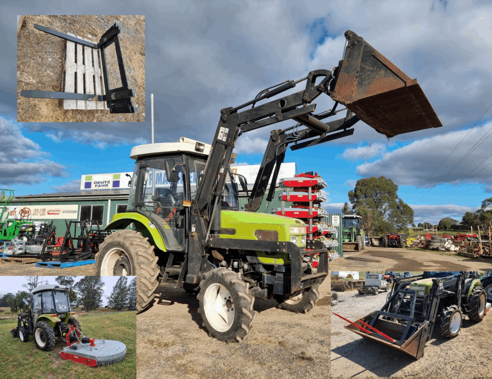 SOLD - Package Deal - Used Agrison 50hp 4wd Cab tractor with 4in1 bucket, Hay Forks, Pallet Forks and Kanga Slasher